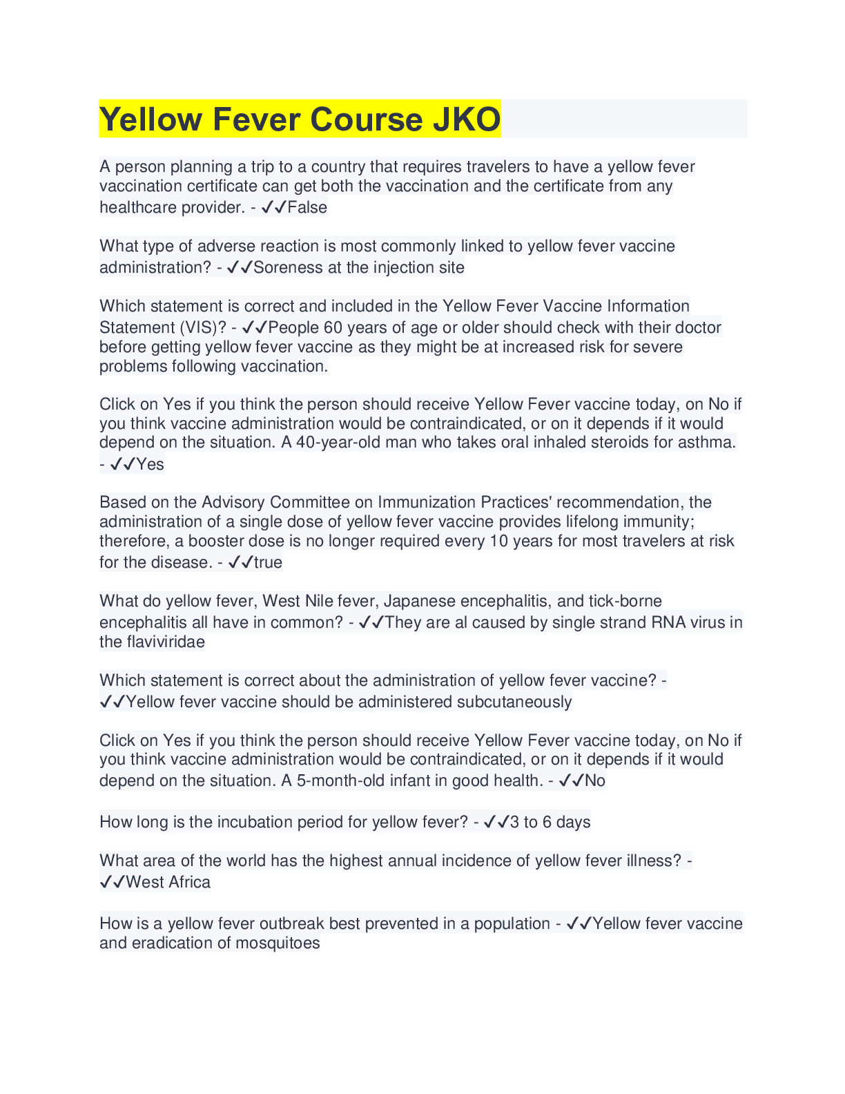 Preview image for Yellow Fever Course JKO(questions & answers)